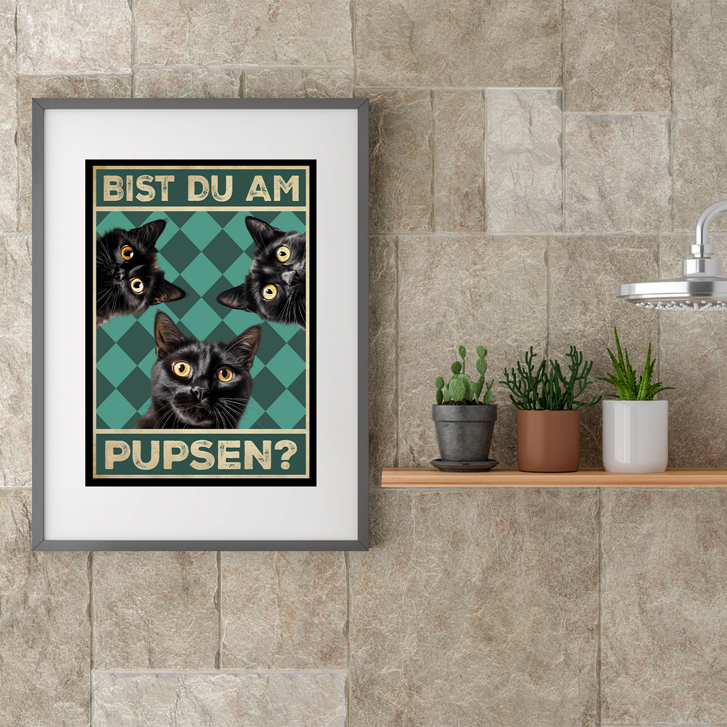 Bist du am Pupsen? Katzen Poster Badezimmer Gästebad Wandbild Klo Toilette Dekoration Lustiges Gäste-WC Bild DIN A4 - Katzen 03