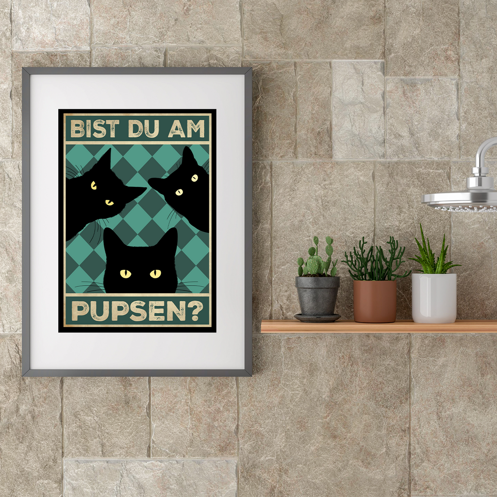 Bist du am Pupsen? Katzen Poster Badezimmer Gästebad Wandbild Klo Toilette Dekoration Lustiges Gäste-WC Bild DIN A4 - Katzen 01