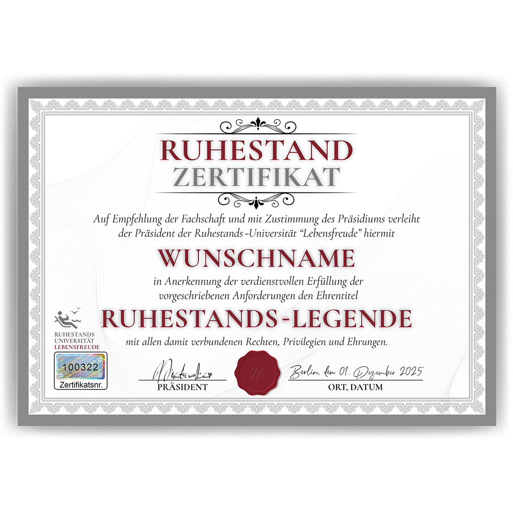 Ruhestand Zertifikat personalisiert Rente Abschiedsgeschenk Kollegen personalisierte Geschenkidee zum Ruhestand Urkunde