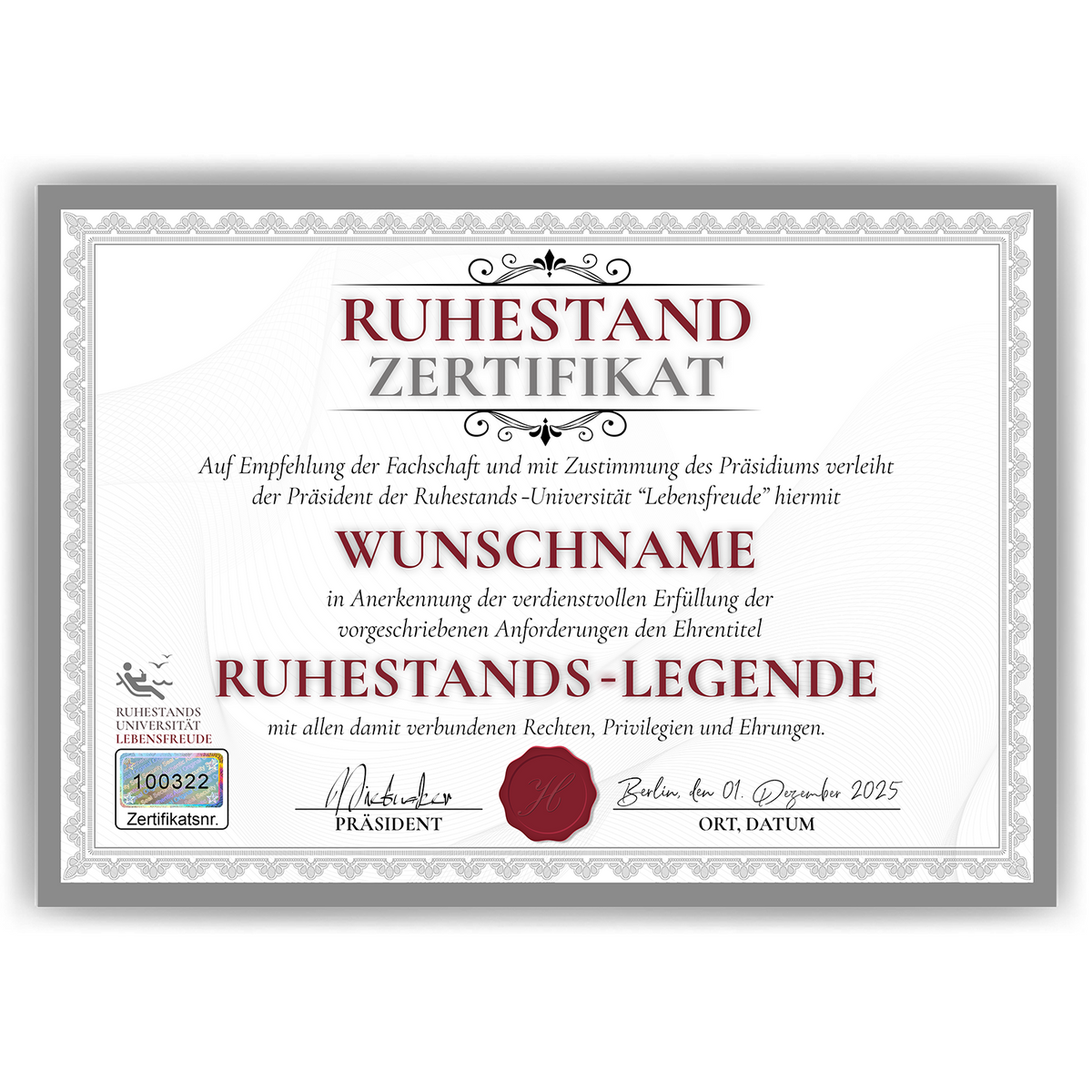Ruhestand Zertifikat personalisiert Rente Abschiedsgeschenk Kollegen personalisierte Geschenkidee zum Ruhestand Urkunde