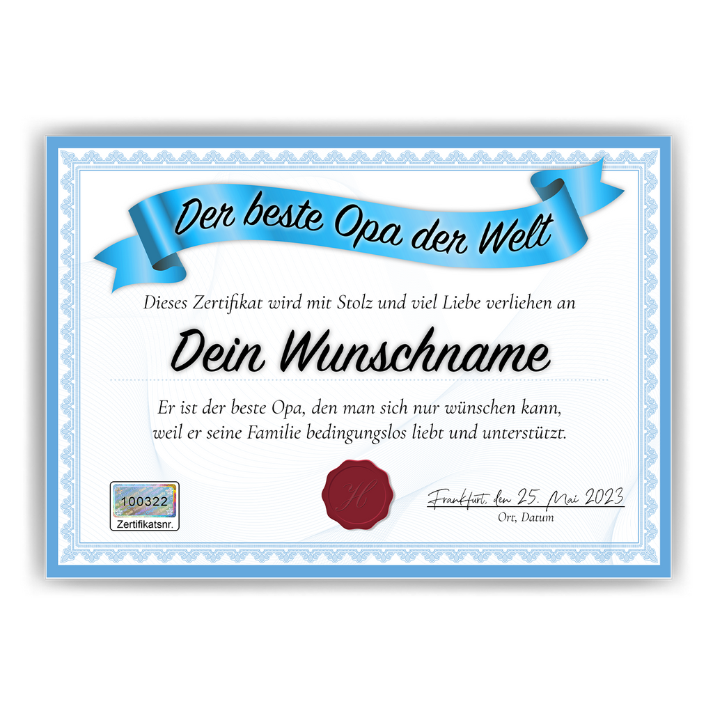 Bester Opa Geschenk personalisiert Geburtstag Poster Zertifikat Urkunde Großvater personalisierte Geschenkidee