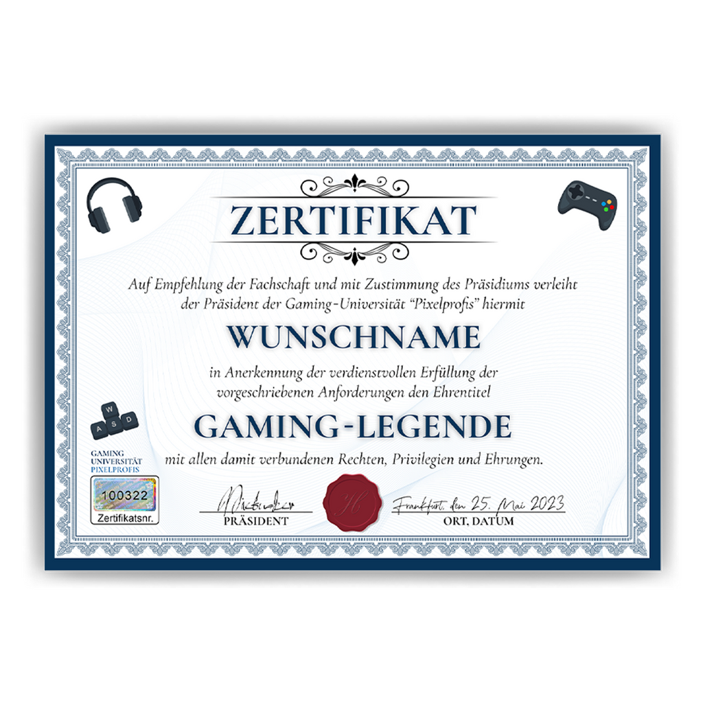 Lustiges Gamer Geschenk personalisiert Geburtstag Zocker Poster Zertifikat Gaming Geschenkidee für Zocker