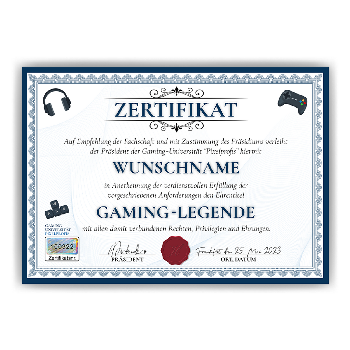 Lustiges Gamer Geschenk personalisiert Geburtstag Zocker Poster Zertifikat Gaming Geschenkidee für Zocker