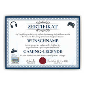 Lustiges Gamer Geschenk personalisiert Geburtstag Zocker Poster Zertifikat Gaming Geschenkidee für Zocker