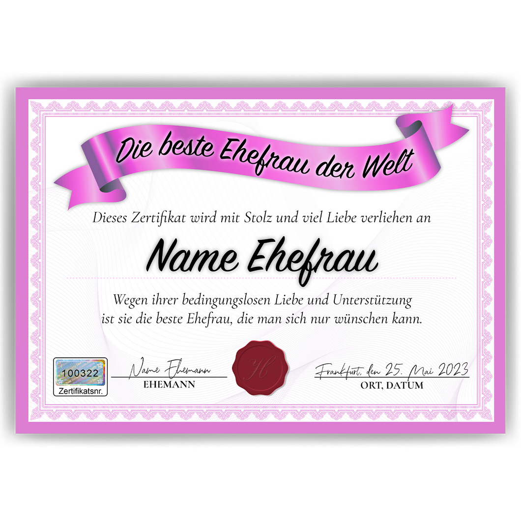 Beste Ehefrau Geschenk personalisiert Geburtstag Poster Zertifikat Urkunde Ehefrau personalisierte Geschenkidee Valentinstag Weihnachten