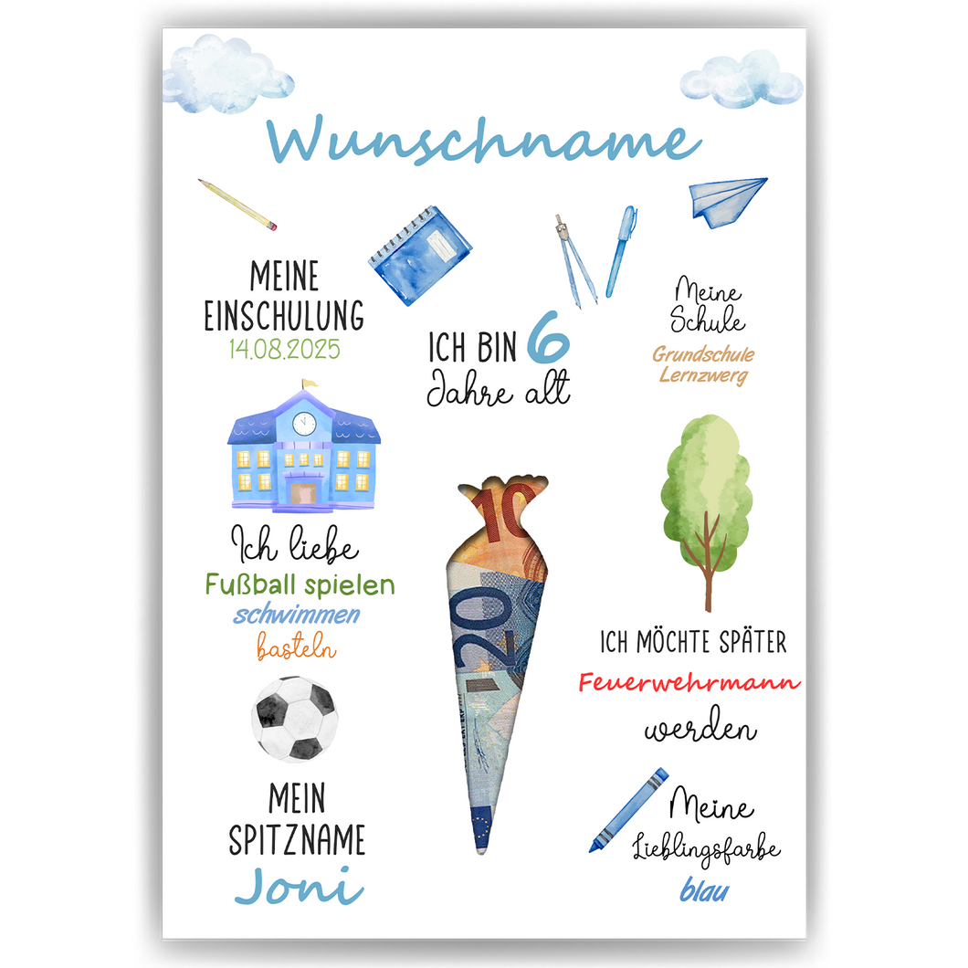 Personalisiertes Geschenk Einschulung Jungen Schulanfang Schultüte Schulanfänger