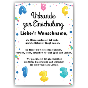 Urkunde Einschulung Personalisierte Geschenkidee Schulkind Schulanfang