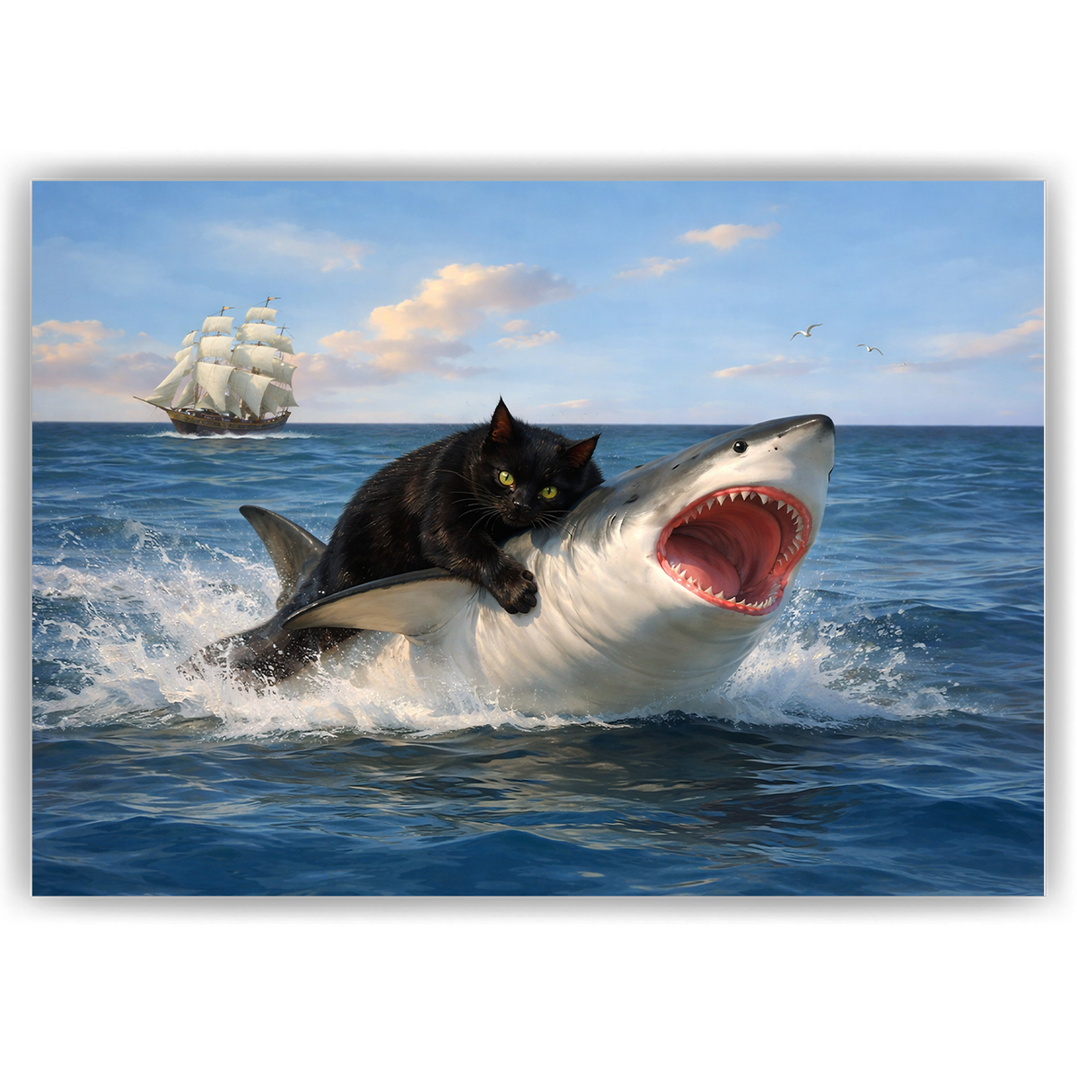 Katze & Hai Poster – Lustiges Fantasy Wandbild, Geschenk für Katzenliebhaber