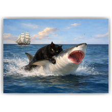 Laden Sie das Bild in den Galerie-Viewer, Katze &amp; Hai Poster – Lustiges Fantasy Wandbild, Geschenk für Katzenliebhaber
