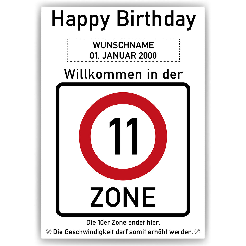 Willkommen in der 11 Zone – Poster zum 11. Geburtstag, personalisiert mit Name und Datum