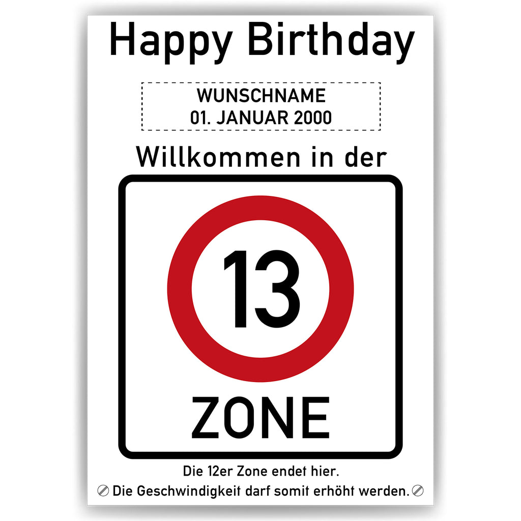 Willkommen in der 13 Zone – Poster zum 13. Geburtstag, personalisiert mit Name und Datum