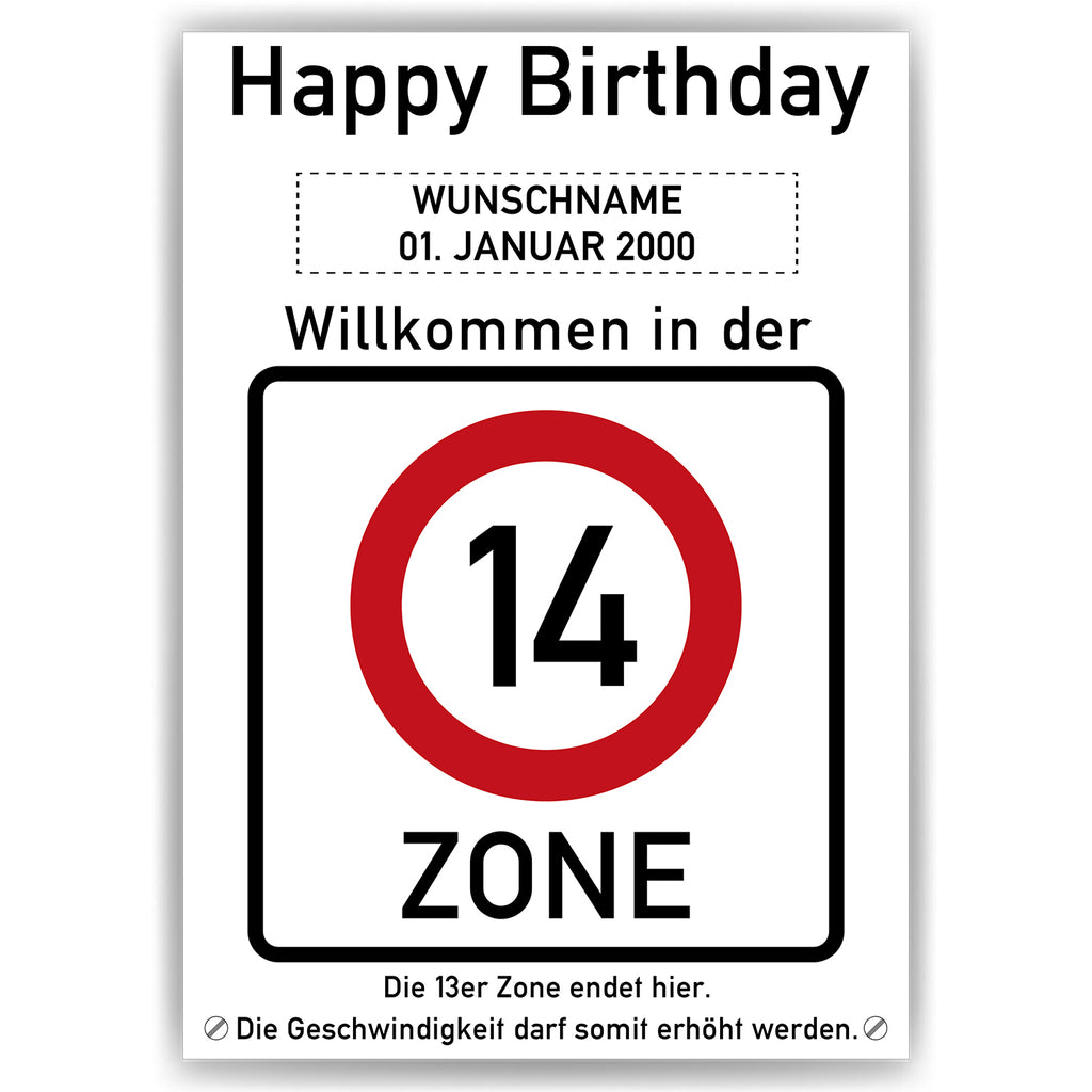 Willkommen in der 14 Zone – Poster zum 14. Geburtstag, personalisiert mit Name und Datum