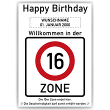 Laden Sie das Bild in den Galerie-Viewer, 16. Geburtstag Geschenk personalisiert Verkehrszeichen Deko Geburtstagsgeschenk Happy Birthday Geburtstagskarte
