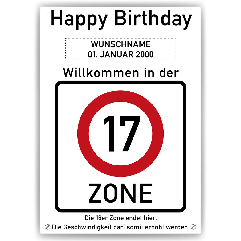 Willkommen in der 17 Zone – Poster zum 17. Geburtstag, personalisiert mit Name und Datum