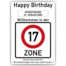 Laden Sie das Bild in den Galerie-Viewer, 17. Geburtstag Geschenk personalisiert Verkehrszeichen Deko Geburtstagsgeschenk Happy Birthday Geburtstagskarte
