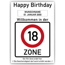 Laden Sie das Bild in den Galerie-Viewer, 18. Geburtstag Geschenk personalisiert Verkehrszeichen Deko Geburtstagsgeschenk Happy Birthday Geburtstagskarte
