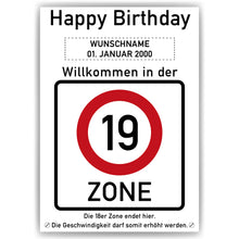 Laden Sie das Bild in den Galerie-Viewer, 19. Geburtstag Geschenk personalisiert Verkehrszeichen Deko Geburtstagsgeschenk Happy Birthday Geburtstagskarte
