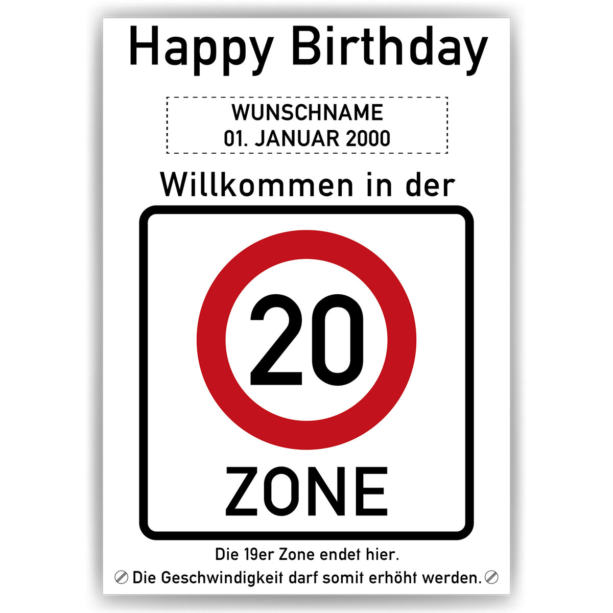 20. Geburtstag Geschenk personalisiert Verkehrszeichen Deko Geburtstagsgeschenk Happy Birthday Geburtstagskarte