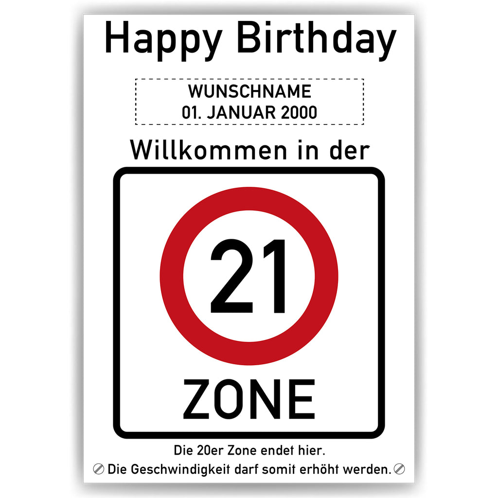 Willkommen in der 21 Zone – Poster zum 21. Geburtstag, personalisiert mit Name und Datum