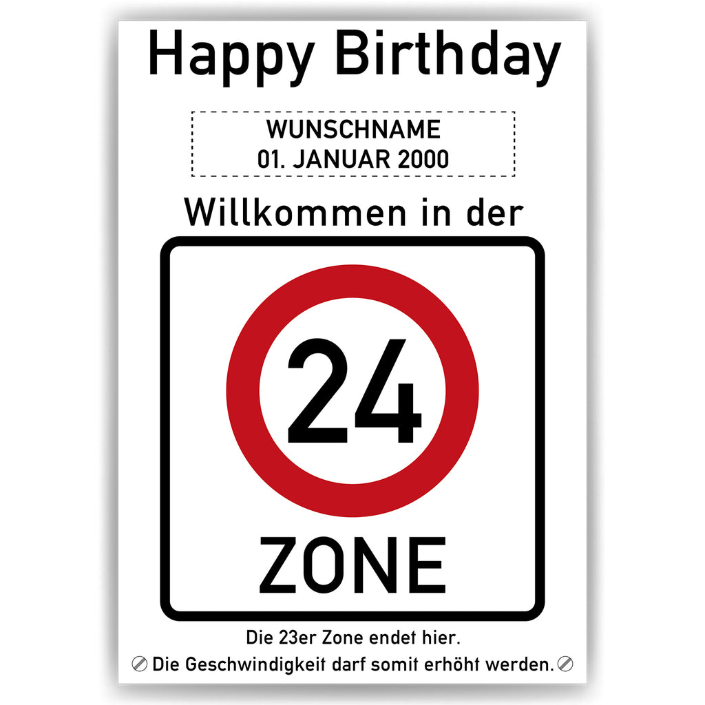 Willkommen in der 24 Zone – Poster zum 24. Geburtstag, personalisiert mit Name und Datum