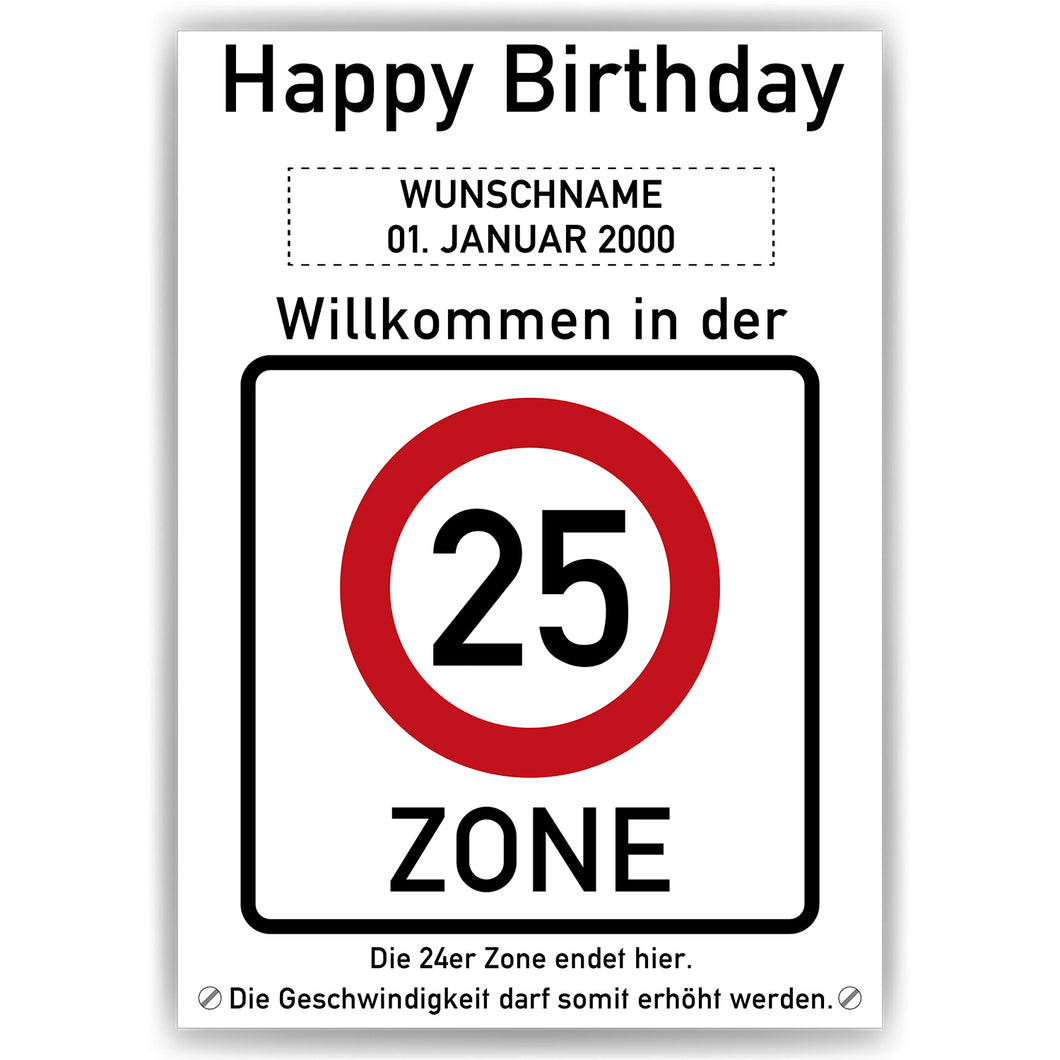 25. Geburtstag Geschenk personalisiert Verkehrszeichen Deko Geburtstagsgeschenk Happy Birthday Geburtstagskarte