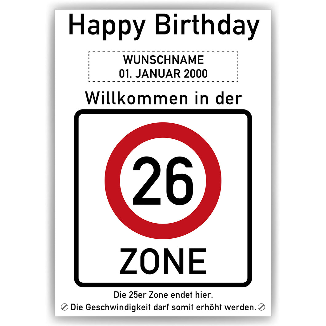 26. Geburtstag Geschenk personalisiert Verkehrszeichen Deko Geburtstagsgeschenk Happy Birthday Geburtstagskarte