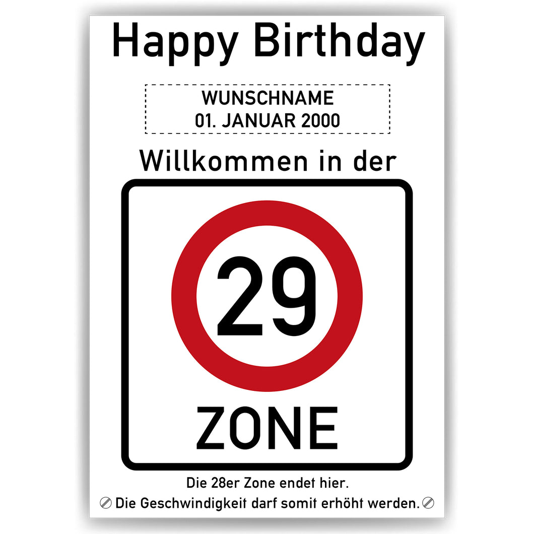 29. Geburtstag Geschenk personalisiert Verkehrszeichen Deko Geburtstagsgeschenk Happy Birthday Geburtstagskarte