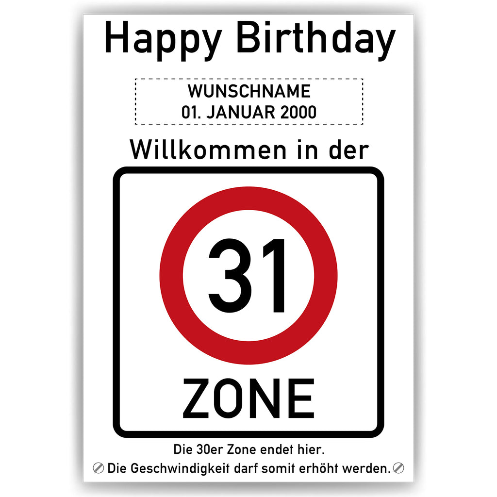 Willkommen in der 31 Zone – Poster zum 31. Geburtstag, personalisiert mit Name und Datum