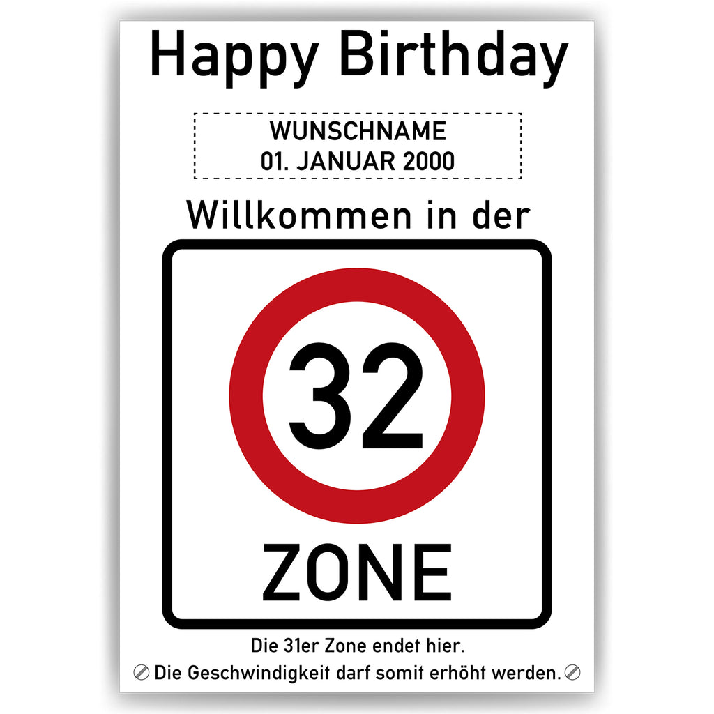 Willkommen in der 32 Zone – Poster zum 32. Geburtstag, personalisiert mit Name und Datum