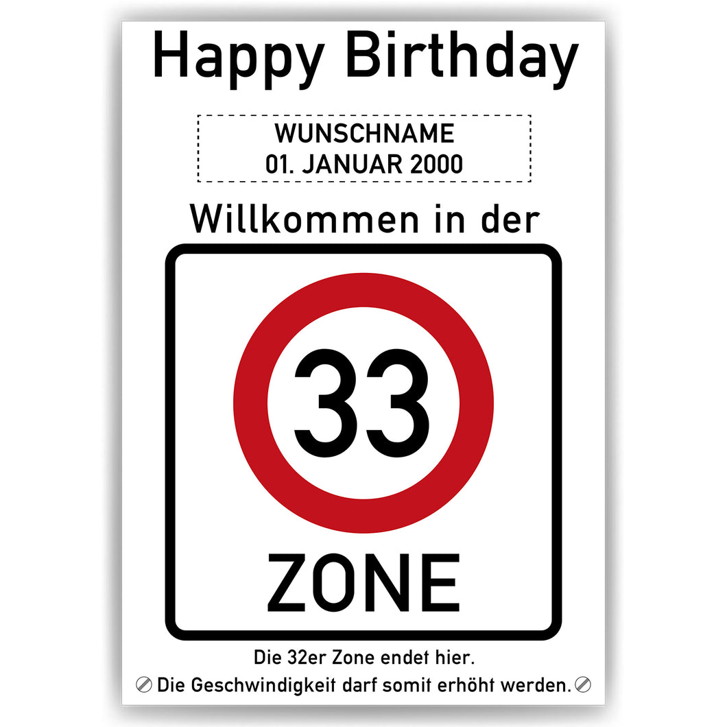 33. Geburtstag Geschenk personalisiert Verkehrszeichen Deko Geburtstagsgeschenk Happy Birthday Geburtstagskarte