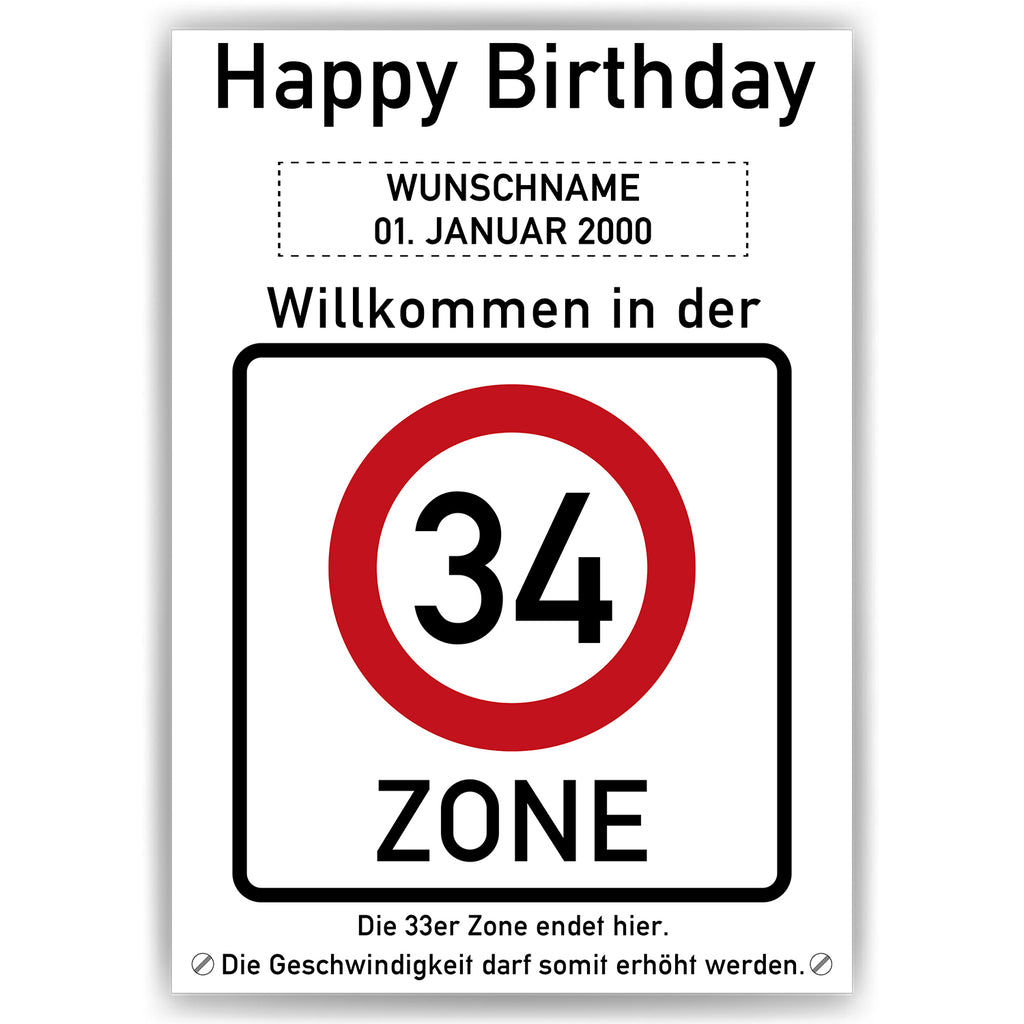 Willkommen in der 34 Zone – Poster zum 34. Geburtstag, personalisiert mit Name und Datum