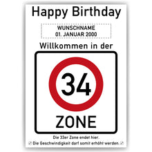 Laden Sie das Bild in den Galerie-Viewer, 34. Geburtstag Geschenk personalisiert Verkehrszeichen Deko Geburtstagsgeschenk Happy Birthday Geburtstagskarte
