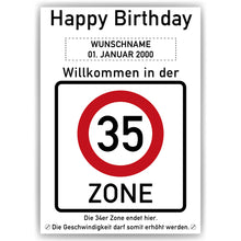 Laden Sie das Bild in den Galerie-Viewer, 35. Geburtstag Geschenk personalisiert Verkehrszeichen Deko Geburtstagsgeschenk Happy Birthday Geburtstagskarte
