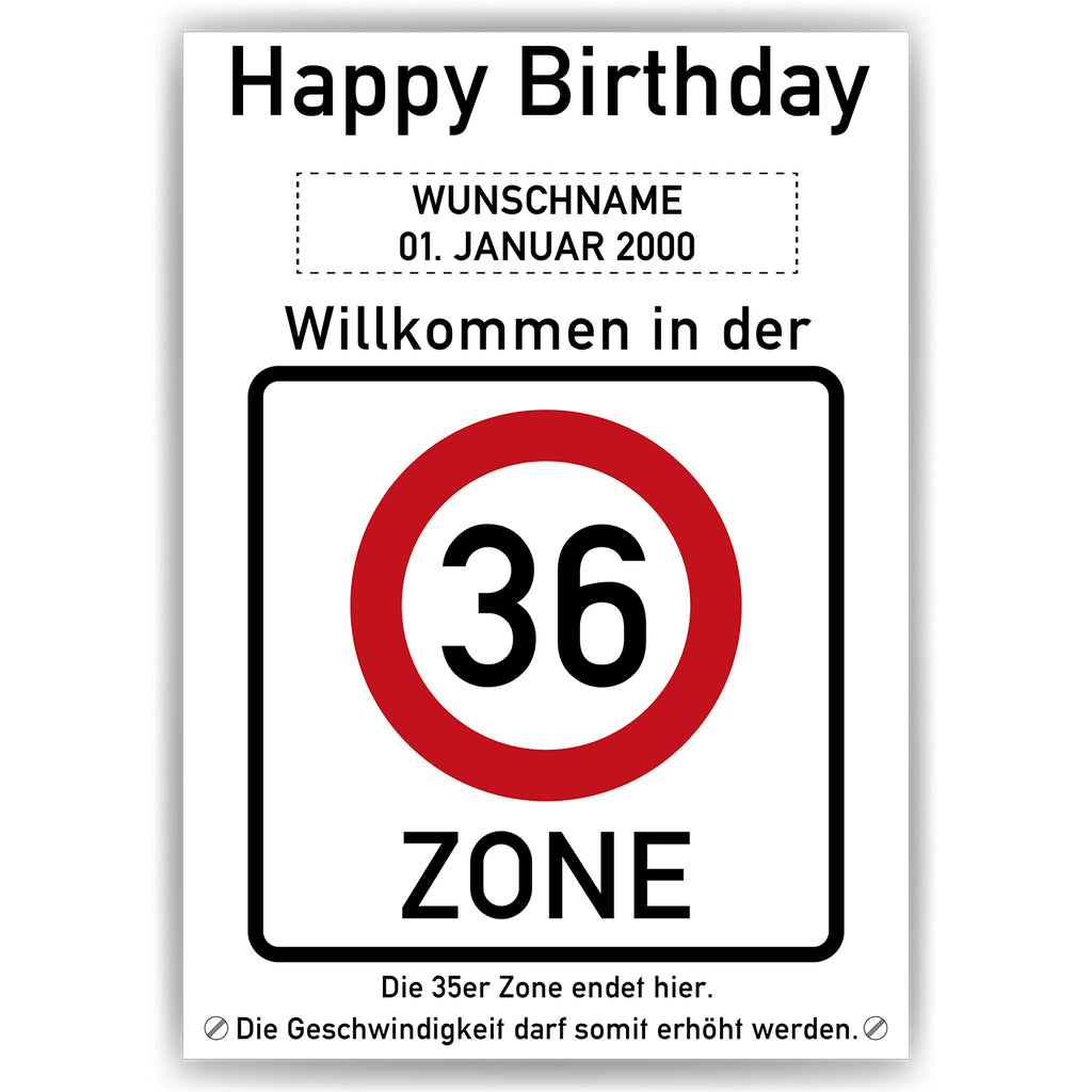 Willkommen in der 36 Zone – Poster zum 36. Geburtstag, personalisiert mit Name und Datum