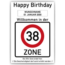 Laden Sie das Bild in den Galerie-Viewer, 38. Geburtstag Geschenk personalisiert Verkehrszeichen Deko Geburtstagsgeschenk Happy Birthday Geburtstagskarte
