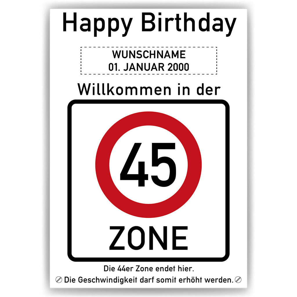 Willkommen in der 45 Zone – Poster zum 45. Geburtstag, personalisiert mit Name und Datum