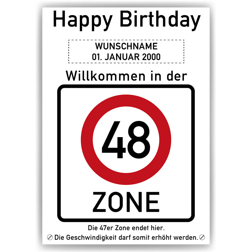 Willkommen in der 48 Zone – Poster zum 48. Geburtstag, personalisiert mit Name und Datum