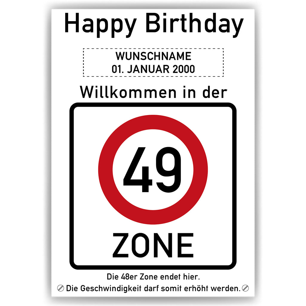 Willkommen in der 49 Zone – Poster zum 49. Geburtstag, personalisiert mit Name und Datum
