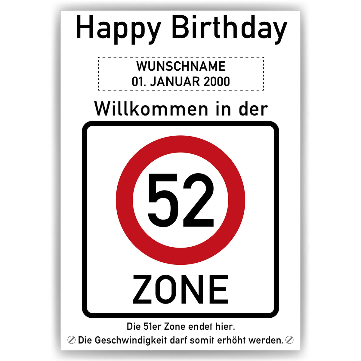 52. Geburtstag Geschenk personalisiert Verkehrszeichen Deko Geburtstagsgeschenk Happy Birthday Geburtstagskarte