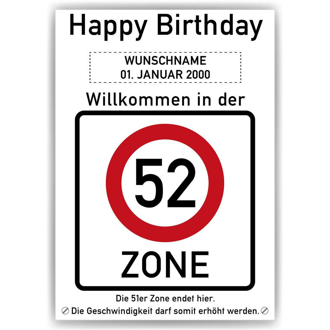 52. Geburtstag Geschenk personalisiert Verkehrszeichen Deko Geburtstagsgeschenk Happy Birthday Geburtstagskarte