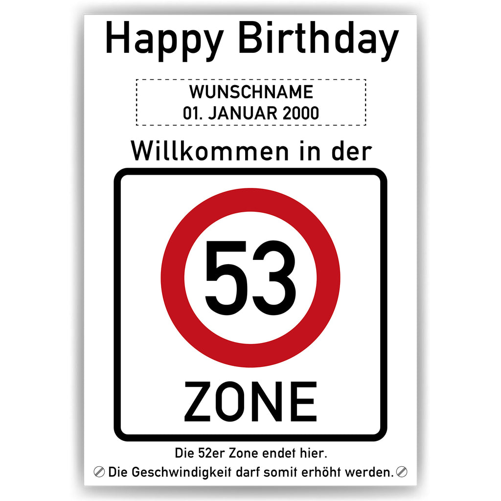 Willkommen in der 53 Zone – Poster zum 53. Geburtstag, personalisiert mit Name und Datum