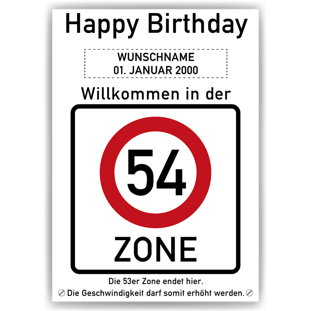 Willkommen in der 54 Zone – Poster zum 54. Geburtstag, personalisiert mit Name und Datum