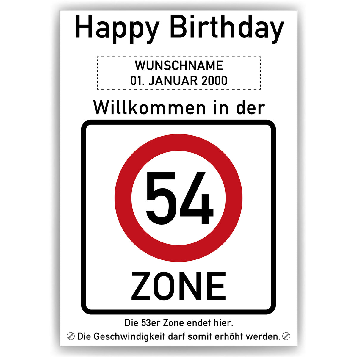 54. Geburtstag Geschenk personalisiert Verkehrszeichen Deko Geburtstagsgeschenk Happy Birthday Geburtstagskarte