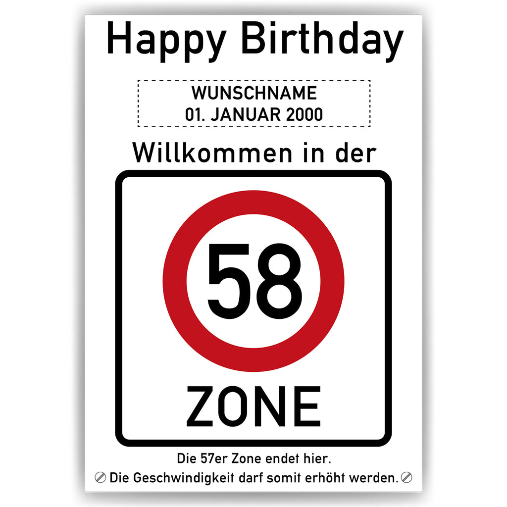 Willkommen in der 58 Zone – Poster zum 58. Geburtstag, personalisiert mit Name und Datum