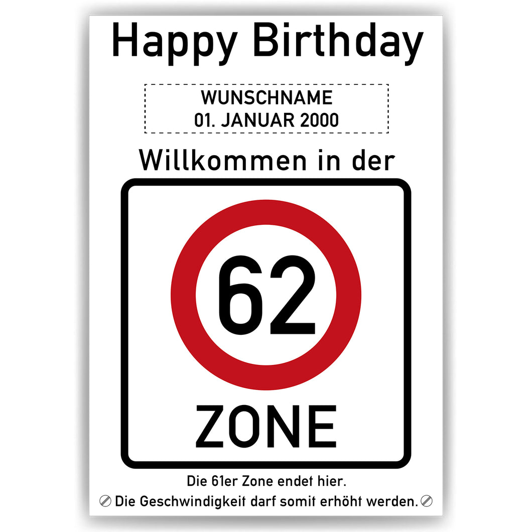 62. Geburtstag Geschenk personalisiert Verkehrszeichen Deko Geburtstagsgeschenk Happy Birthday Geburtstagskarte