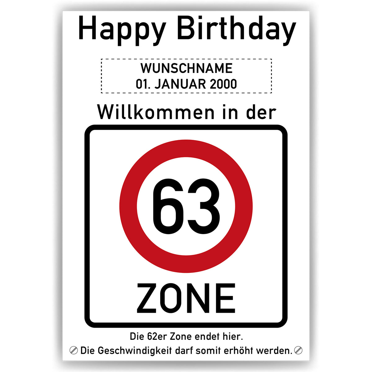 63. Geburtstag Geschenk personalisiert Verkehrszeichen Deko Geburtstagsgeschenk Happy Birthday Geburtstagskarte