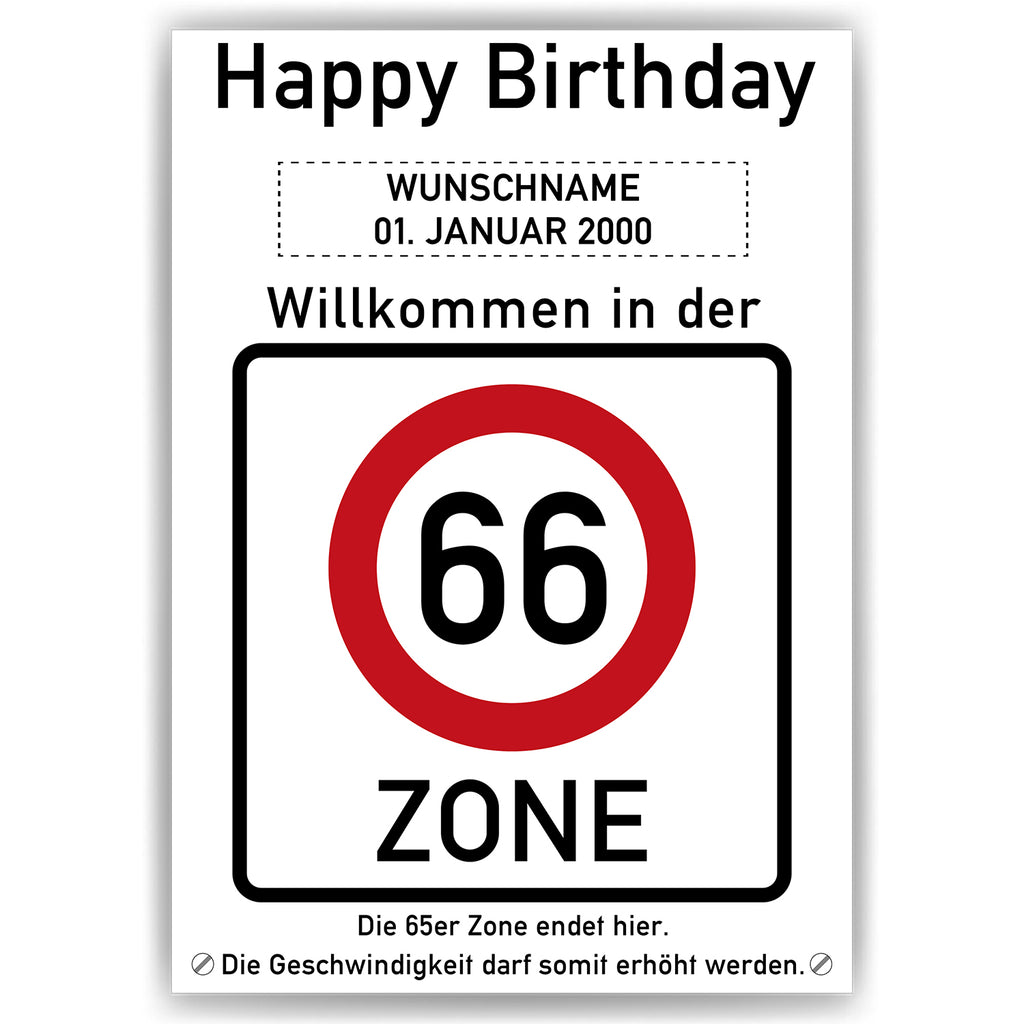 Willkommen in der 66 Zone – Poster zum 66. Geburtstag, personalisiert mit Name und Datum