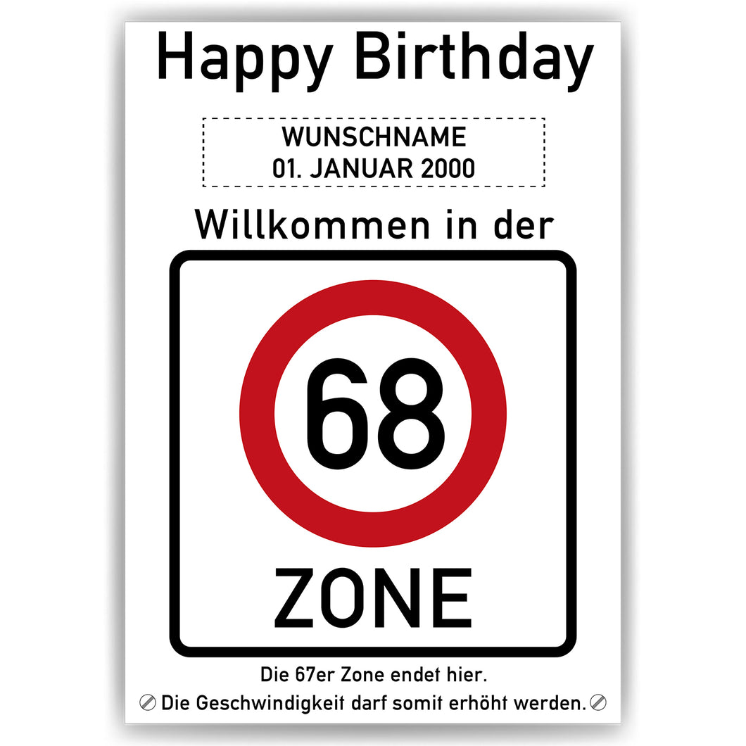 68. Geburtstag Geschenk personalisiert Verkehrszeichen Deko Geburtstagsgeschenk Happy Birthday Geburtstagskarte