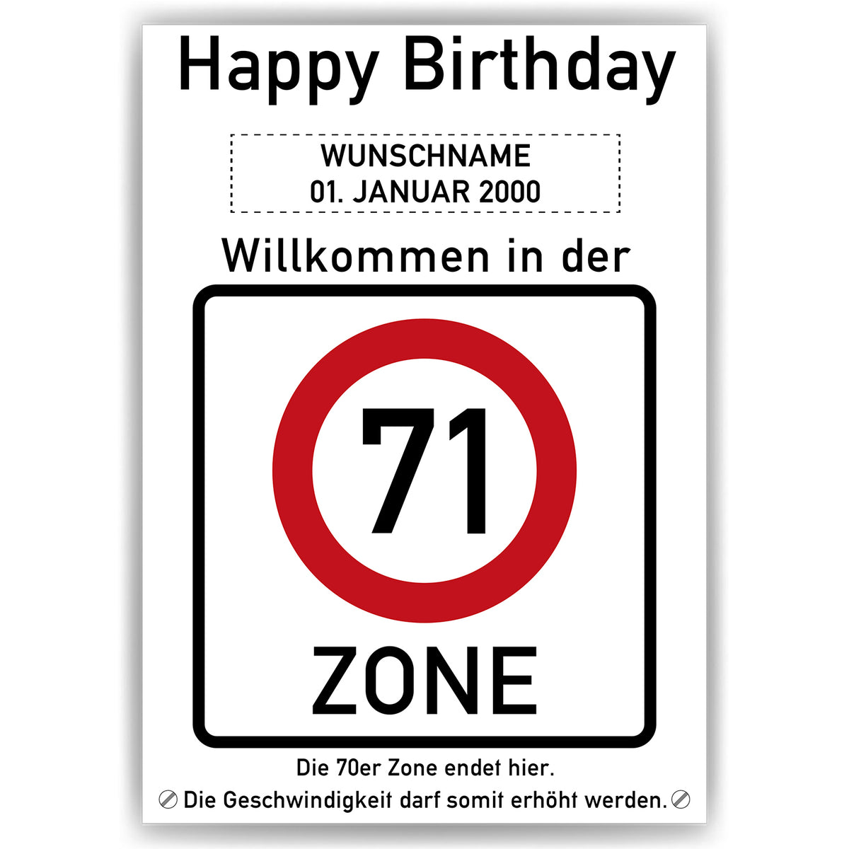 71. Geburtstag Geschenk personalisiert Verkehrszeichen Deko Geburtstagsgeschenk Happy Birthday Geburtstagskarte