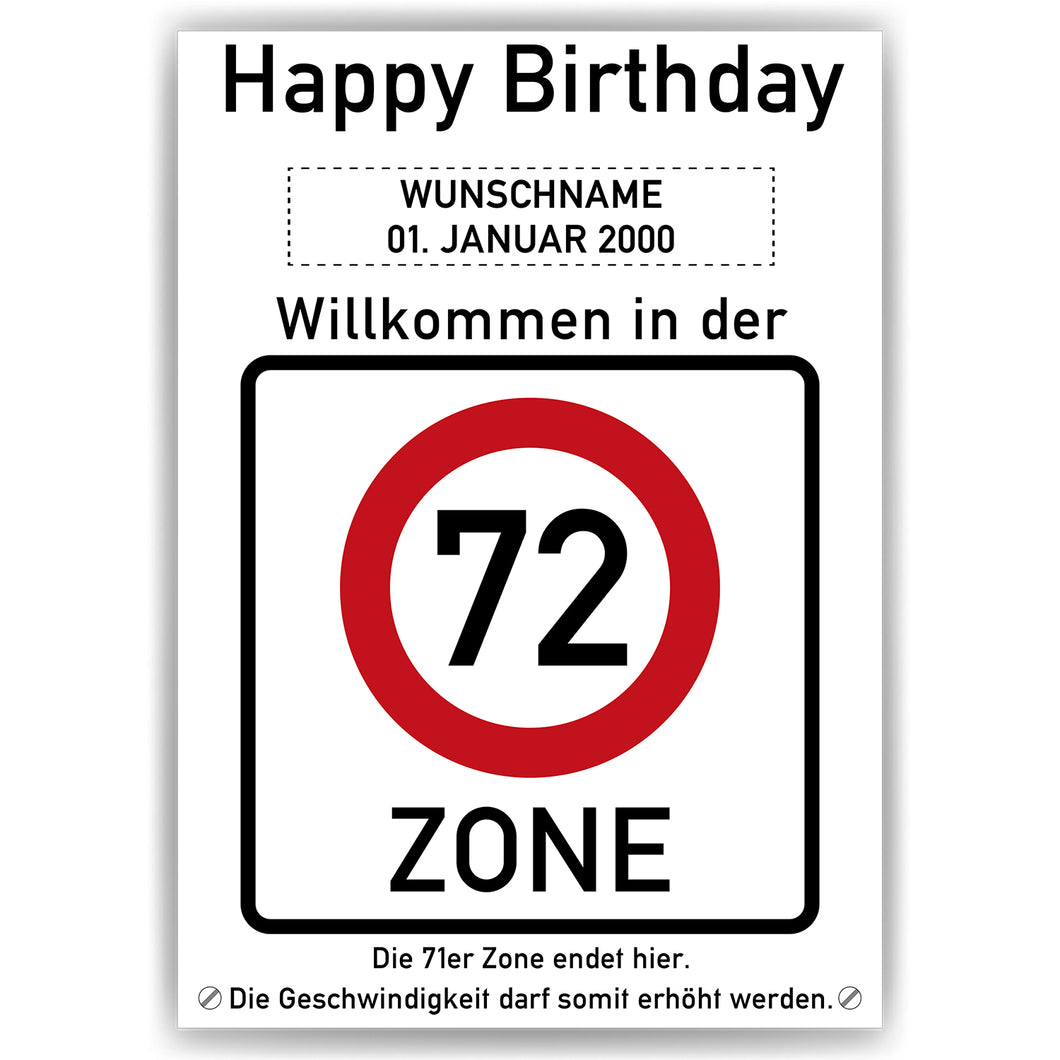 72. Geburtstag Geschenk personalisiert Verkehrszeichen Deko Geburtstagsgeschenk Happy Birthday Geburtstagskarte